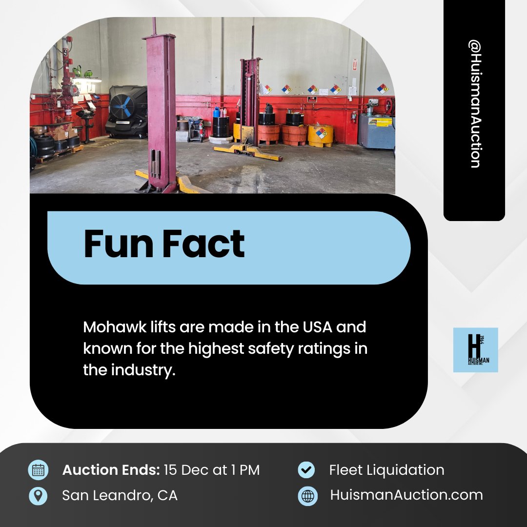 huismanauction's tweet image. 🔧 Fun Fact: Mohawk lifts are made in the USA and known for the highest safety ratings in the industry.  Grab this lift today.

🗓️ Auction Ends: 15 Dec at 1 PM | California
💻 Bid at HuismanAuction.com

#MohawkLift #MechanicLife #FleetAuction #MadeInUSA #AuctionFinds