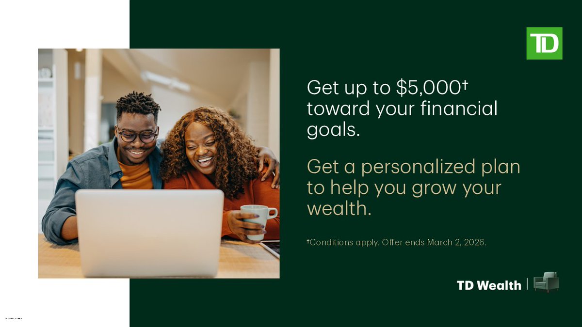 TimChan_TD's tweet image. Work together with a TD Wealth Financial Planner on a financial plan that helps you get closer to your goals.

Plus, for a limited time, you could receive up to $5,000 toward your financial goals. Conditions apply. Offer ends March 2, 2026.

financialplanners.td.com/tim.t