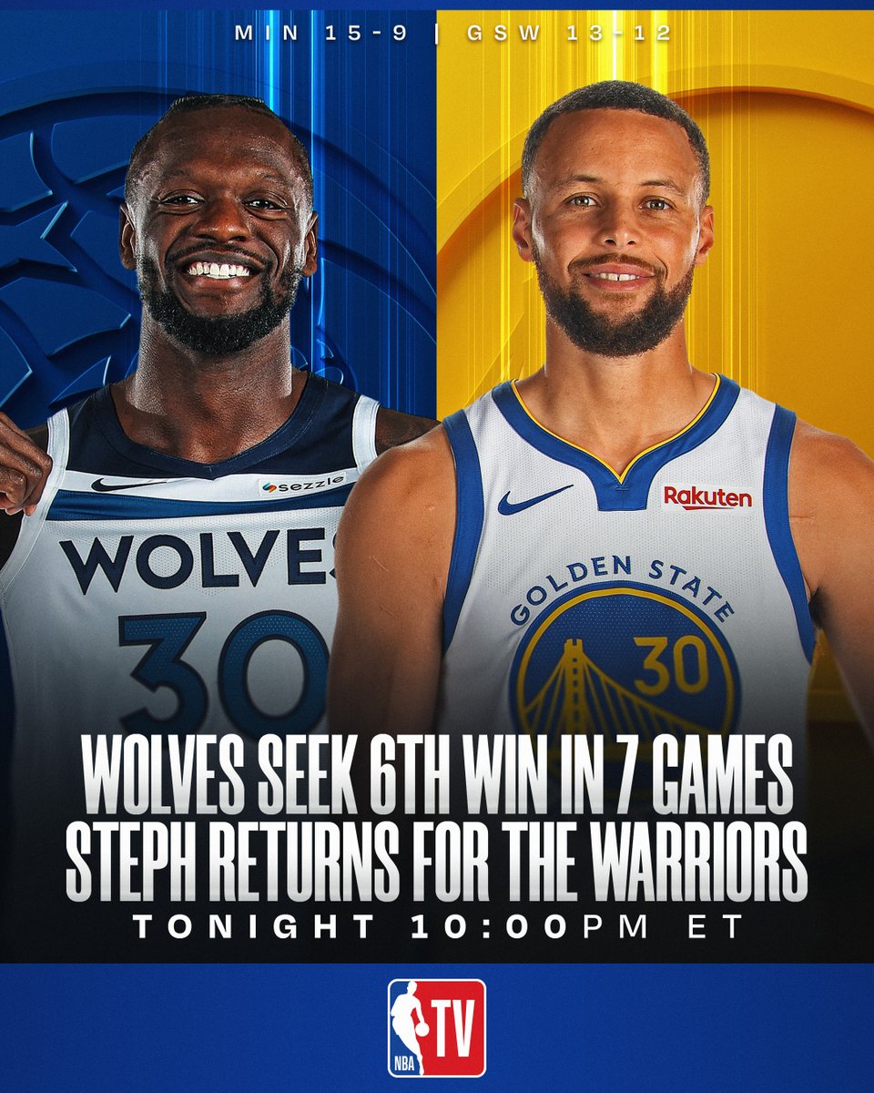 Steph Curry is BACK tonight for the Warriors as they host Julius Randle and the Timberwolves who are seeking their 6th win in 7 games!
⏰ 10:00pm/et, NBA TV