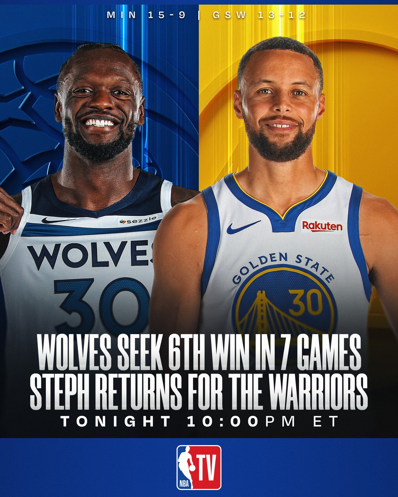 Steph Curry is BACK tonight for the Warriors as they host Julius Randle and the Timberwolves who are seeking their 6th win in 7 games!

⏰ 10:00pm/et, NBA TV