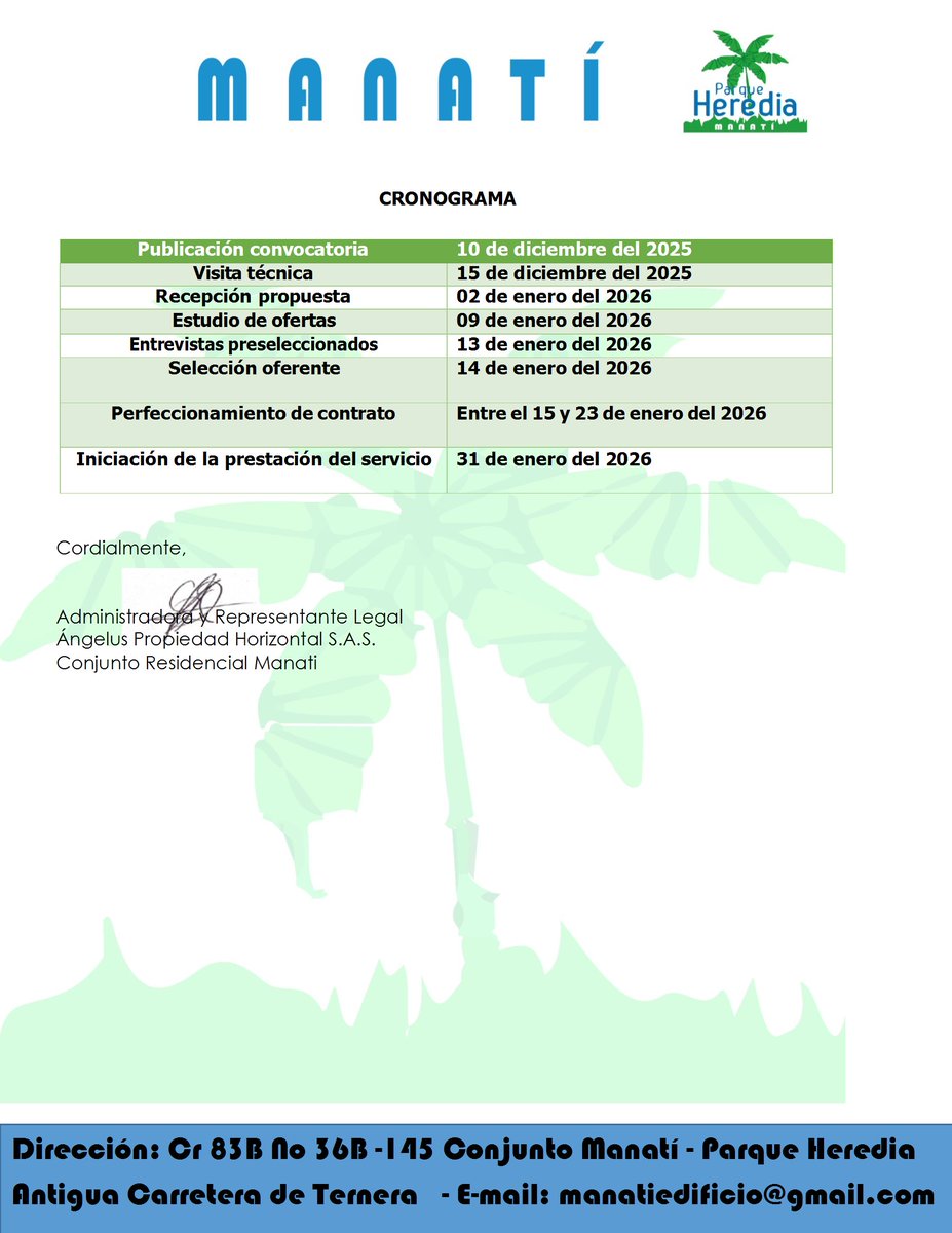 #AgrupaciónInforma #AgrupaciónParqueHeredia    CONVOCATORIA PARA SERVICIO DE VIGILANCIA Y SEGURIDAD PRIVADA PARA EL CONJUNTO RESIDENCIAL MANATI PARQUE HEREDIA  Si requiere alguna información adicional, por favor directamente con el Conjunto Manatí y ver el documento adjunto.