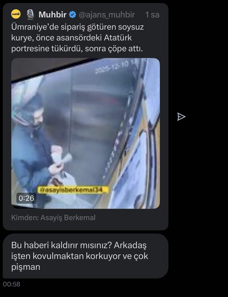 ajans_muhbir's tweet photo. Hesabımıza gelen mesaj:

“Haberi kaldırır mısınız? Arkadaş işten kovulmaktan korkuyor ve çok pişman.” https://t.co/cP2QhGhmma