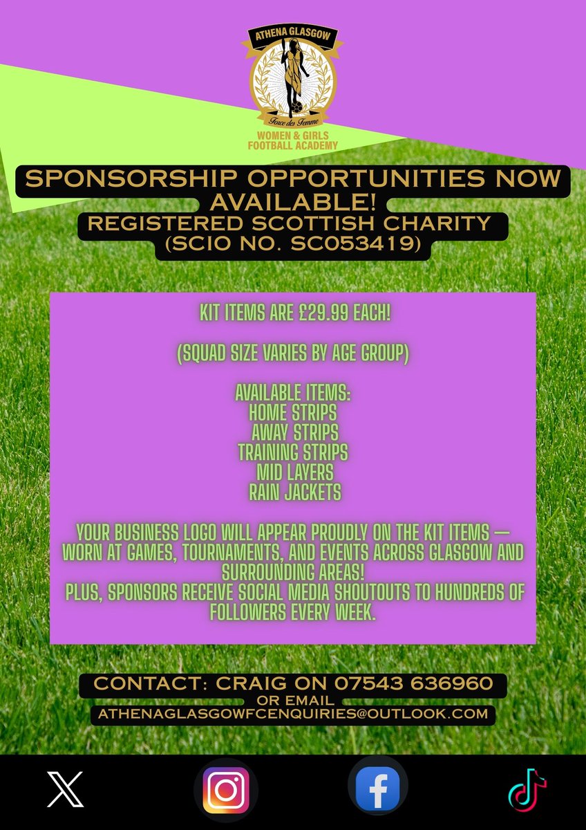 athena_glasgow's tweet photo. 📢 Calling all local businesses and community football supporters! 💜💚

Our Athena girls need YOU!
We’re currently seeking sponsors for several of our age groups ahead of the 2026 season.

Sponsorship helps keep costs low for our players and ensures every girl steps onto the pitch feeling proud, confident, and part of something special. Your support goes directly into providing quality kits and training wear for our teams.

Whether you're a small local business or a larger company wanting to make a real impact in women’s and girls’ football we’d love to partner with you!

💜 Multiple sponsorship opportunities available
💚 Great local exposure
💜 Support grassroots football
💚 Make a difference in your community

For more info or to get involved, please contact us on 07543 636960 or email Athenaglasgowfcenquiries@outlook.com 

Let’s get our girls kitted out for 2026! ⚽💜💚
#AthenaUltras #GrassrootsFootball #GirlsInSport #CommunitySupport #SponsorLocal