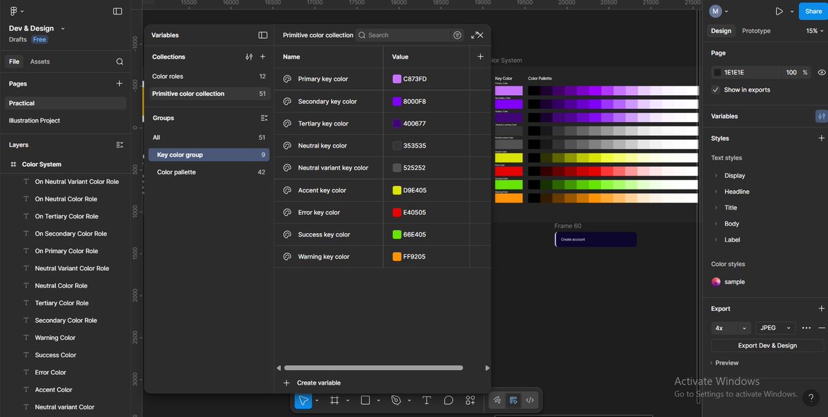 MalachiRem28481's tweet photo. Day 24 &amp; 25 at @devanddesignhq 

We explored color systems in depth,from creating primitive color variables to learning scoping for organizing collections in both light and dark mode.

Grateful for the clarity @Joe_brendan_ brings to every session!  
 #ColorSystems #UIDesign https://t.co/LeamZd3kRX