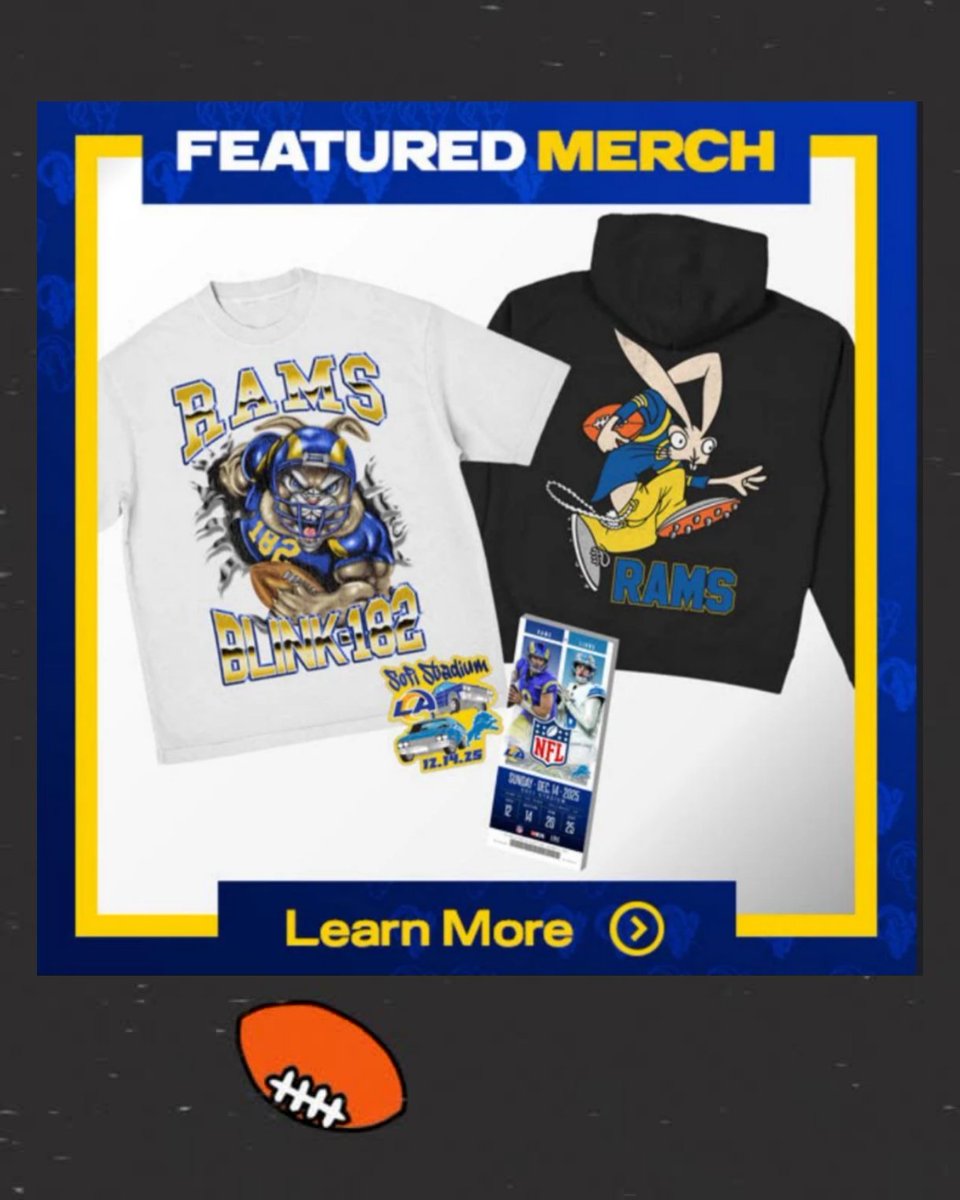 blink182py's tweet image. La nueva colaboración de blink-182 con el equipo de fútbol americano "Los Angeles Rams" se lanzará este 14 de diciembre y crecen los rumores de que la banda podría tocar en el medio tiempo de los Rams vs Detroit Lions ya que se estará jugando ese mismo día en el SoFi Stadium.