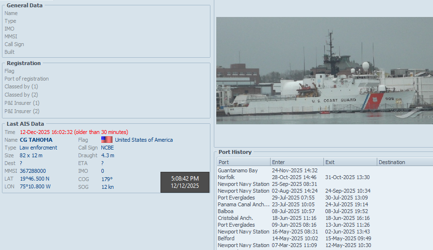 FlconEYES's tweet photo. CG TAHOMA 367288000 - 908

Cutter, servicio de guardacostas de los Estados Unidos, saliendo a esta hora de la Basa Naval Guantánamo hacia el #Caribe Sur.
#VesselAlert #AIS #Maritime #OSINT #12Dec https://t.co/nDcYc4NGGr