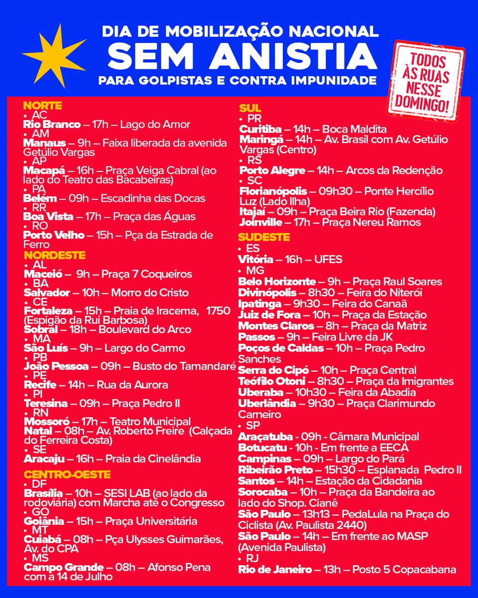 DIA 14 POVO NAS RUAS

Confira onde vai ter ato na sua cidade e bora pra rua domingo contra a anistia!

SEM ANISTIA
SEM DOSIMETRIA