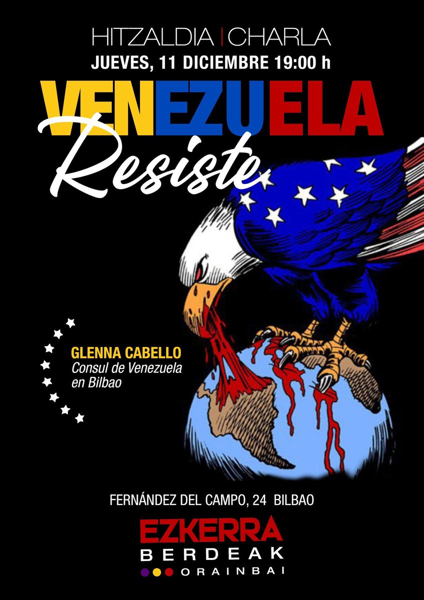 #11Dic

Atendiendo la invitación del partido político vasco “Ezkerra Berdeak”, la cónsul general Glenna Cabello participó en la charla “VENEZUELA RESISTE”, la cual estuvo moderada por Javier Madrazo Lavin, secretario general del partido y ex consejero de Vivienda del Gob Vasco.