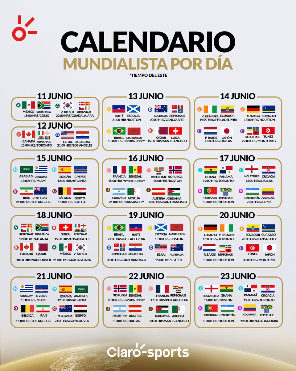 ClaroSports's tweet photo. ¡PARA QUE NO SE PIERDAN EL ESPECTÁCULO! 🏆📅🔥

📍 Estas son las fechas, horarios y sedes donde el Mundial 2026 cobrará vida: goles, drama, historia… ¡todo empieza aquí!

🇲🇽🇺🇸🇨🇦 ¿Qué partido tienes marcado desde ya? https://t.co/5KbMA3qXY3