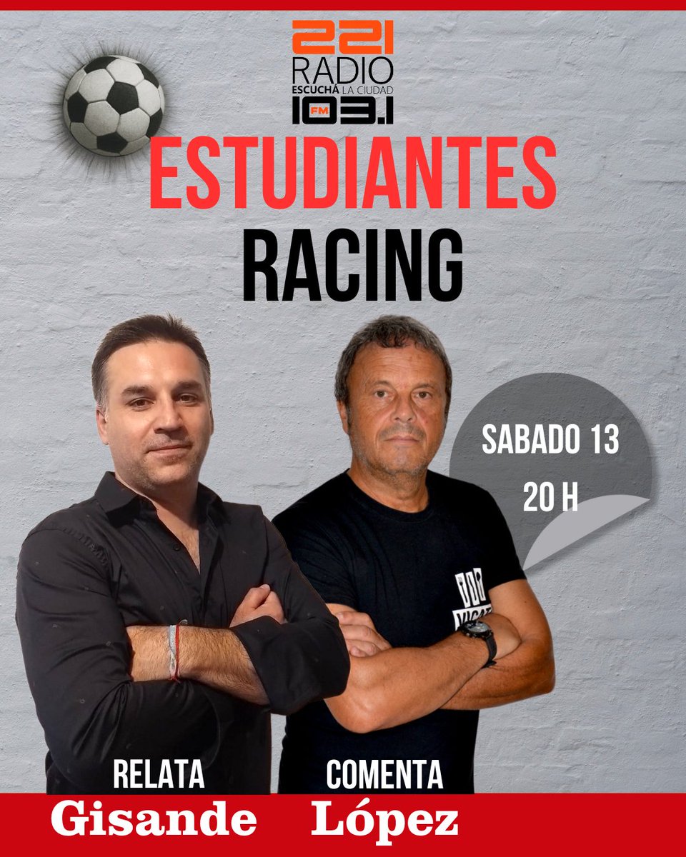 #221Radio #EDLP | ¡Juega Estudiantes!👇

🦁 <a href="/EdelpOficial/">Estudiantes de La Plata</a> se enfrenta a <a href="/RacingClub/">Racing Club</a> por la final del #TorneoClausura

⏰ Este sábado, desde las 20:00, sumate a la previa de #221Fútbol  

🎙️ Relata <a href="/MGisande/">Marcelo Martín Gisande</a>, los comentarios de <a href="/ElProfesorLopez/">El Profesor Lopez</a> y el trabajo de un gran equipo

📻