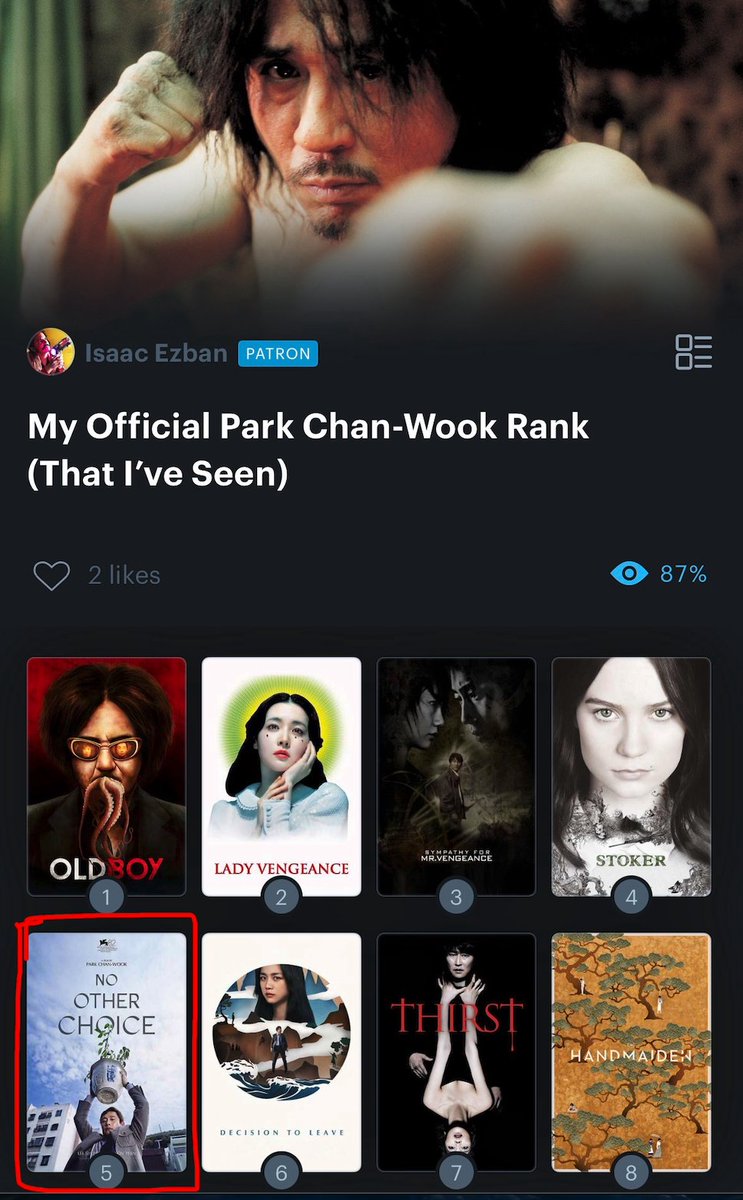 IsaacEzban's tweet image. Celebrating the recent release of #NoOtherChoice, this week on #ListOfTheWeek # 293, MY OFFICIAL PARK CHAN-WOOK RANK (That I´ve Seen).

How did you like #NoOtherChoice ? What do you think of the list? Check out the full list, and more lists of mine, on my @letterboxd , as