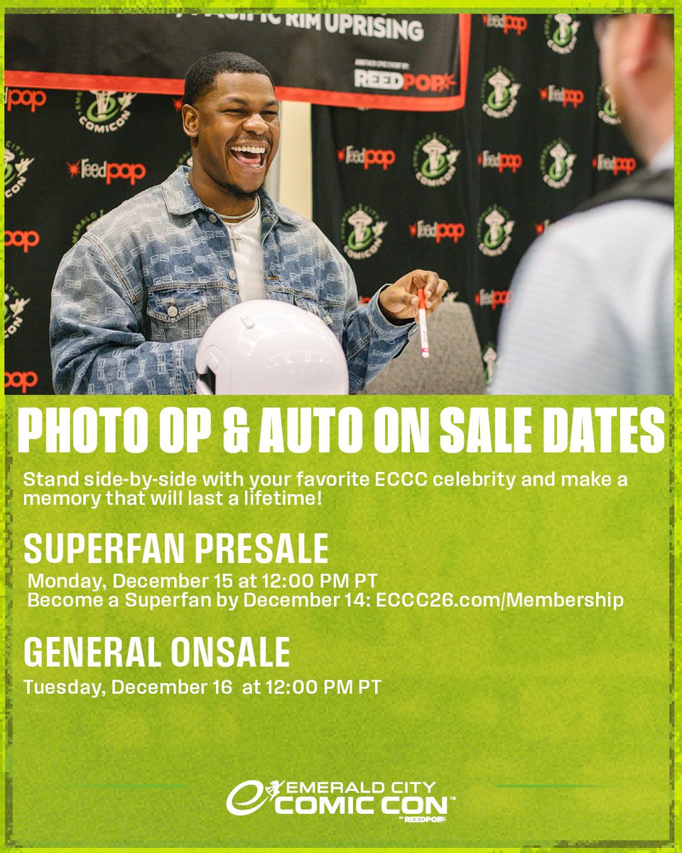 ✨ ECCC Photo Ops &amp; Select Autographs go on sale next week! ✨

Mark your calendars:

Superfan Presale: Monday, December 15 at 12PM PT
(Buy a Superfan Membership by December 14 to unlock early access: ECCC26.com/Superfan)

General On Sale: Tuesday, December 16 at 12PM PT