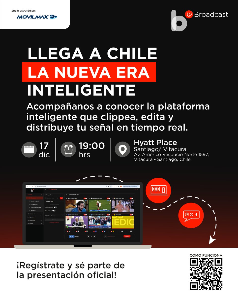 ipbroadcast_'s tweet photo. ¿LISTO PARA EL CONTENIDO INTELIGENTE EN CHILE?
@ipbroadcast_  llega a Chile.
La plataforma que clippea, edita y distribuye tu señal en tiempo real.
Hyatt Place – Vitacura
17 de diciembre | 19:00 hrs
Inscríbete: https://t.co/pauKZ6zEYl

#ContenidoInteligente #Broadcast #Chile https://t.co/jliSSX3mpE