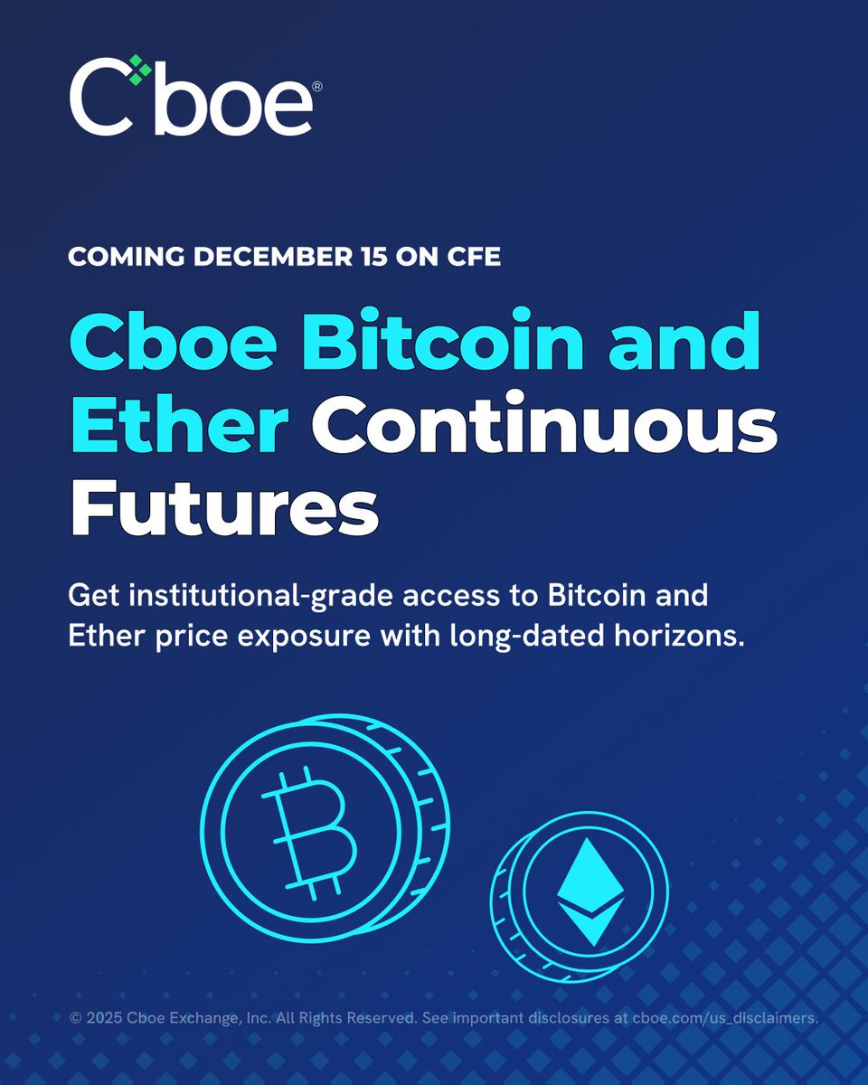Coming next week: the launch of Continuous Futures for Bitcoin (#PBT) and  Ether (#PET)! These long‑dated, cash‑settled contracts are designed to  deliver perpetual‑style exposure in a U.S.-regulated, centrally cleared  environment. Prepare to