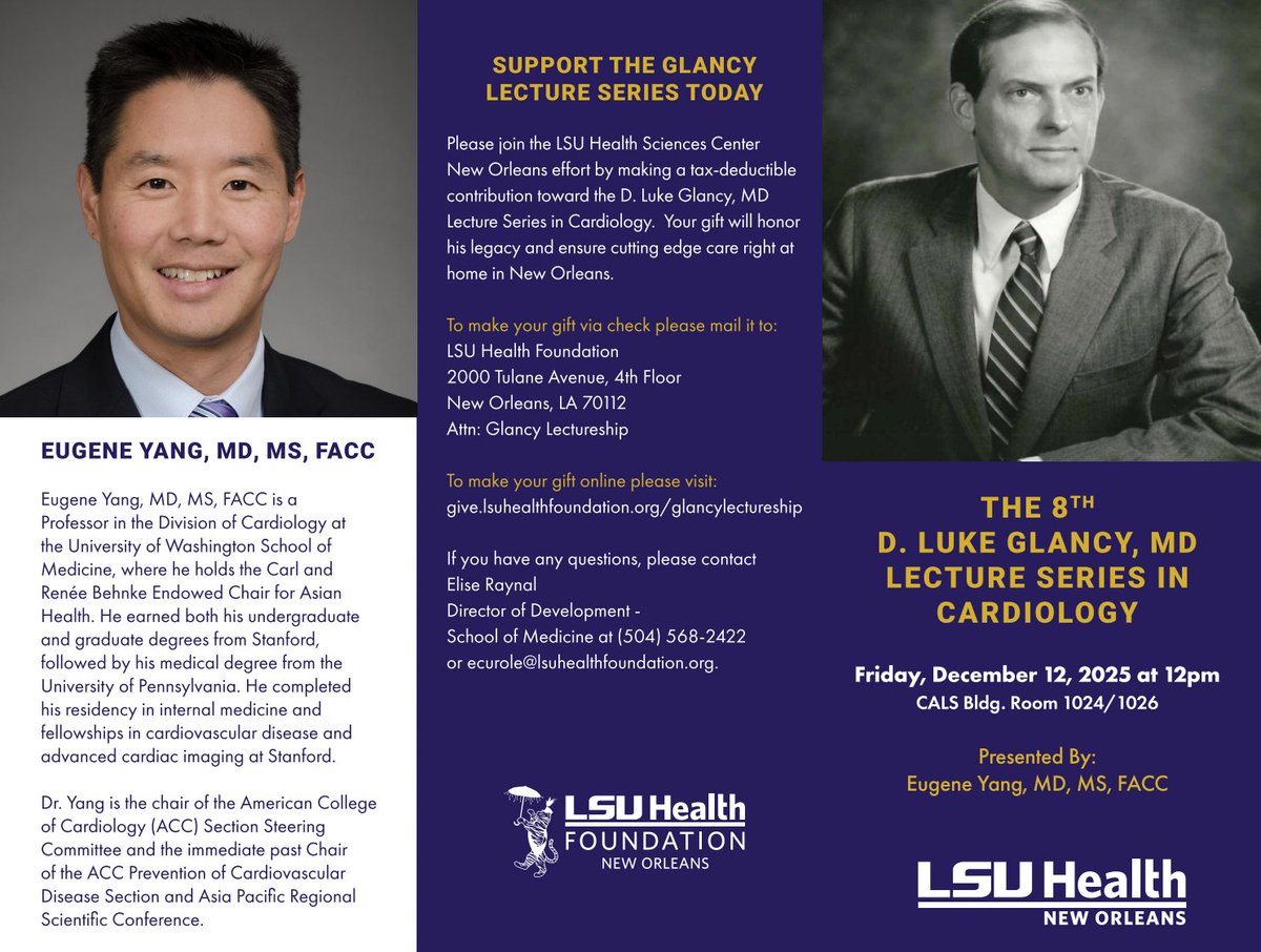 DrEugeneYang's tweet photo. Thanks to my friend #ZeeAli for inviting me to deliver the 8th Annual D. Luke Glancy, MD Lecture Series in Cardiology at @LSUHealthNO today. It was an honor and privilege to be there. #FrankSmart @MehnazRahmanMD
#JoseMWiley @StanfordMedRes @UWMedHeart https://t.co/C4eiLZyhck