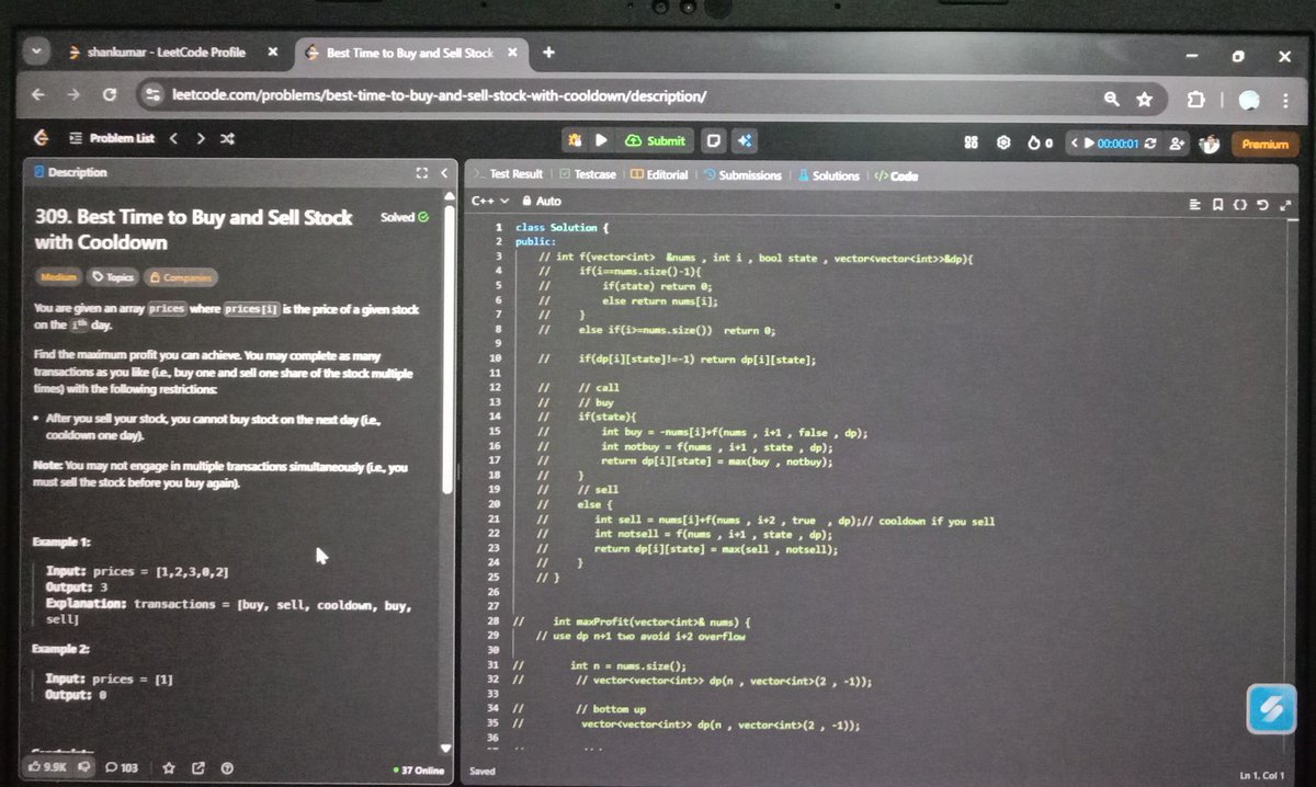 __Shankarlal's tweet photo. Day 40 
Problem solved ✅
Jump game ll✅
Buy time to buy and sell stock with cooldown ✅ https://t.co/yK875Nt8ra