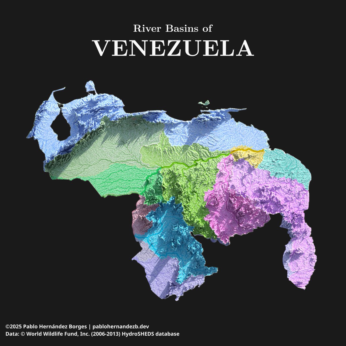 PabloHernandezB's tweet image. 📢 NEW MAP ALERT! 🗺

I’m excited to share my new 3D map of the River Basins of Venezuela — a detailed, high-resolution visualization created using HydroSHEDS data and rendered in R + rayshader.

Time for another #1Week1Project📅💻

Let's open a 🧵👇🏼