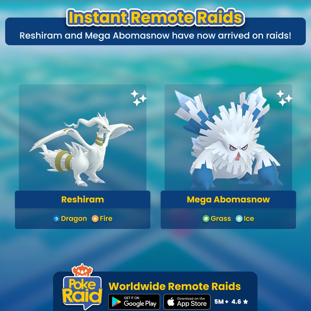 PokeRaidApp's tweet photo. #Reshiram and #MegaAbomasnow have now arrived on #PokemonGoRaids! Open the #PokeRaidApp now and find a #RemoteRaid instantly.
#Abomasnow https://t.co/c72TmL3kke