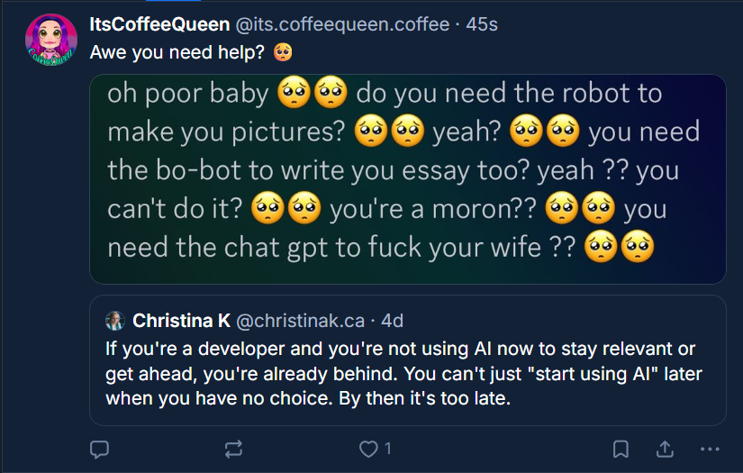 This is a former SAMMI admin and mod, PoetryandLilies, along with another SAMMI user. Both are now harassing me on Bluesky (reported since).

These screenshots give an idea of what was happening behind the scenes in the SAMMI Discord, where anyone who wasn't strictly anti-AI was