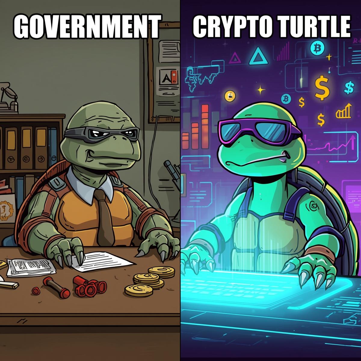 The government’s turtle is busy stamping papers…
Our crypto turtle is busy breaking the system from the blockchain.

Two turtles.

Two paths.

One controls. The other liberates.

Which one are you with?