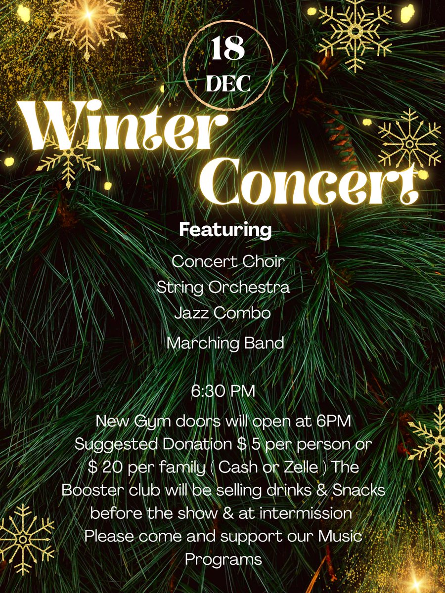 Join us on December 18 for an evening of festive music featuring our Concert

🕡 Concert starts at 6:30 PM
🚪 New Gym doors open at 6:00 PM
💵 Suggested donation: $5 per person or $20 per family (Cash or Zelle)
🥤🍿 Drinks &amp; snacks available before the show and at intermission