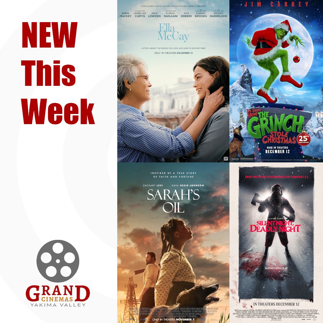 GrandCinemasYV's tweet photo. New this week! Ella McCay, How the Grinch Stole Christmas 25th Anniversary Edition (tickets $5), Sarah's Oil, and Silent Night, Deadly Night! What are you watching?! https://t.co/i04pzvGABr