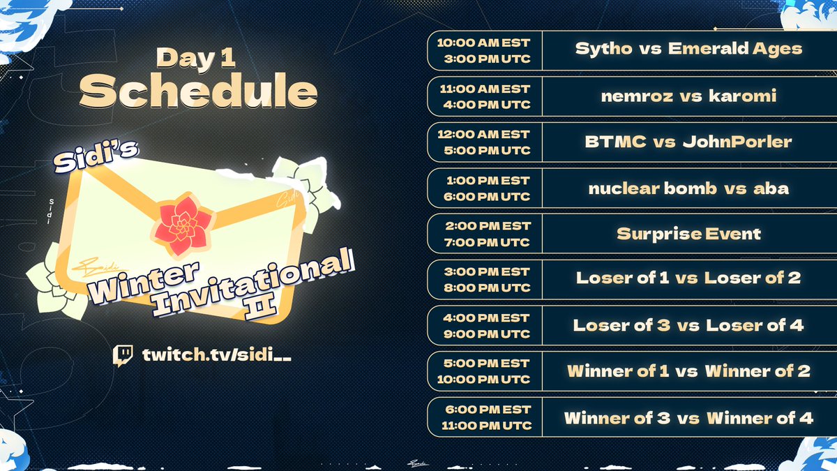 Sidi’s Winter Invitational 2 Day 1 Schedule!

Starting tomorrow at 10:00am EST

Twitch link in the replies!