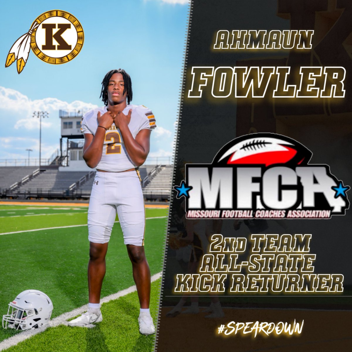 Kpoofootball's tweet photo. For the first time in three years we have an All-State football player. Ahmaun Fowler averaged 48.2 yards per Kick Return this year and owns Kickapoo's longest Kickoff Return for a Touchdown at 99 yards! https://t.co/yIRBoesGsv