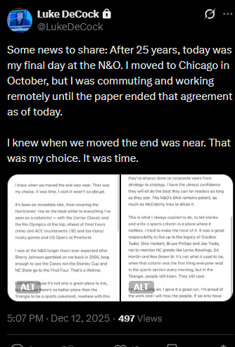RL_Bynum's tweet photo. A big loss to the N&amp;O and the Triangle. https://t.co/oFYvRC11yU