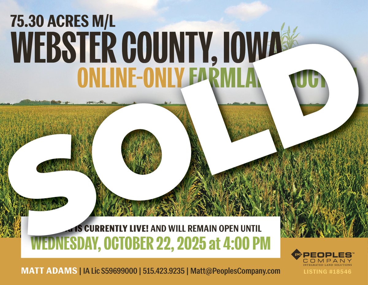WEBSTER COUNTY, IOWA AUCTION RESULTS

75.30 acres m/l sold for an average of $11,500/acre, bringing a grand total price of $865,950. This farm includes 71.73 FSA cropland acres that are designated as NHEL (Non-Highly Erodible Land) carrying a CSR2 soil rating of 82.7.

Sold by