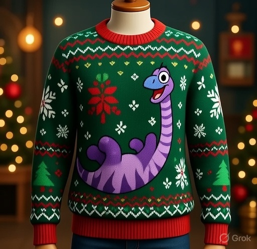 Day 10 of Clayno Christmas!🦕🎄

My festive ugly sweater is here – starring this purple Claynosaurz chilling in all its glory, surrounded by snowflakes, poinsettias &amp; Christmas trees!❄️🌟

The more festive, the better, right?😜

<a href="/Claynosaurz/">Claynosaurz</a>  #Claynosaurz #ClaynoChristmas