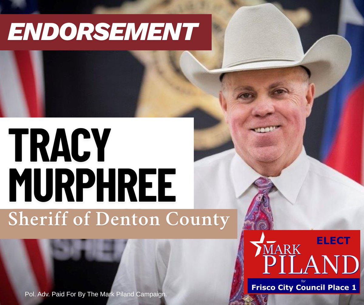 MarkForFrisco's tweet photo. It is a great honor to receive the endorsement of Tracy Murphree, Sheriff of Denton County. We share the belief that a safe and secure community is essential for the well-being of our citizens. Thank you, Sheriff Murphree, for your trust and support. #MarkPiland #MarkForFrisco https://t.co/QIWLDdYSDG