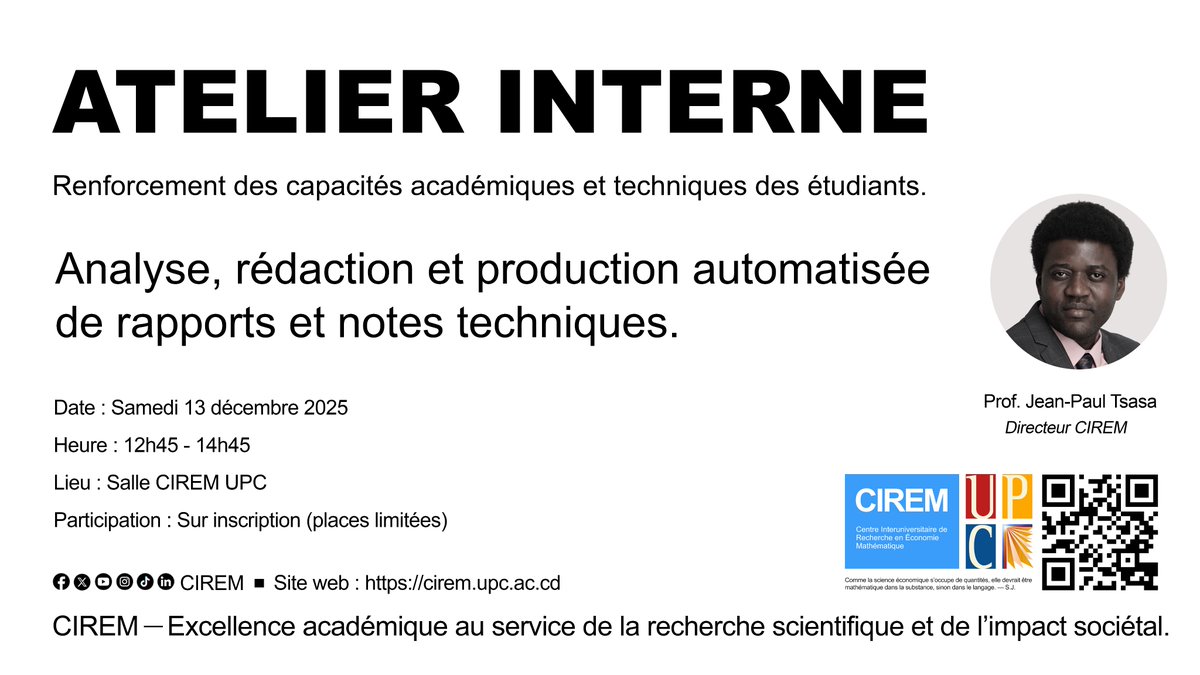 CIREMath's tweet image. Le CIREM organise un atelier interne ce samedi 13 décembre 2025, en début d’après-midi. 

2/ Cet atelier sera animé par le Professeur Jean-Paul Tsasa. @paul_tsasa 
— Lors de cet atelier de renforcement des capacités, le Professeur Jean-Paul Tsasa montrera comment calibrer puis…