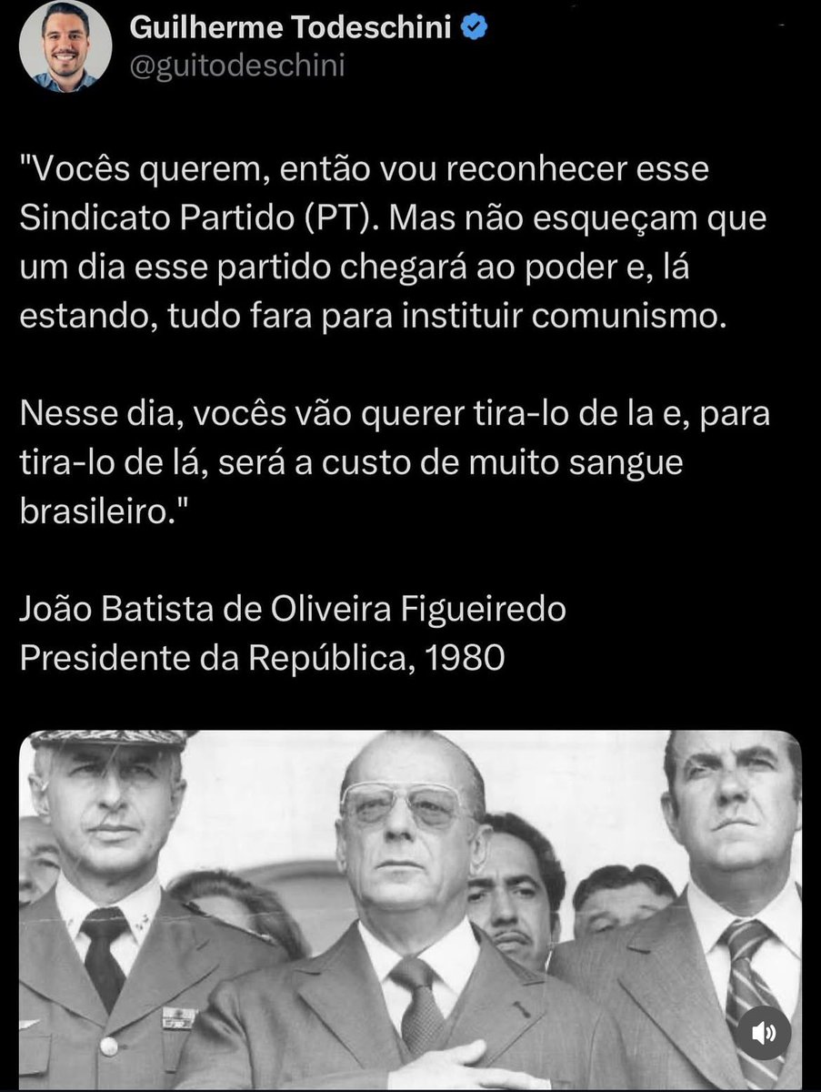 guitodeschini's tweet photo. Frase do ex-presidente João Batista de Oliveira Figueiredo, dita em uma reunião de gabinete em 1980, exatos 45 anos atrás.

Postei 18/06/25 https://t.co/NdfV2KPnSC