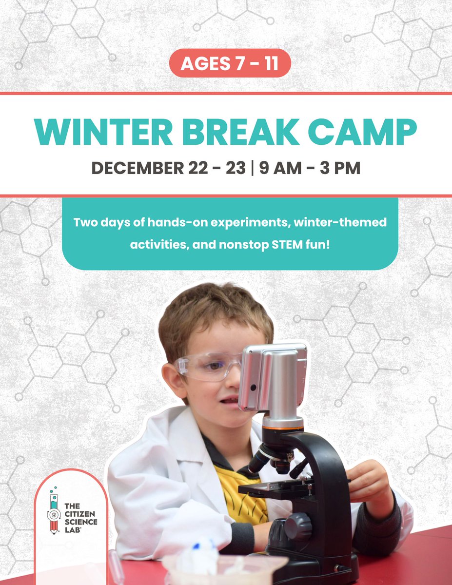 citizenscilab's tweet photo. Let the cool discoveries begin❄️🔬 Chill out with science this winter! Kids ages 7–11 can join us for one or two days of hands-on experiments, winter-themed activities, and nonstop STEM fun. Learn more on our website! https://t.co/NS7g70wd9O https://t.co/pp3ASA9kXG