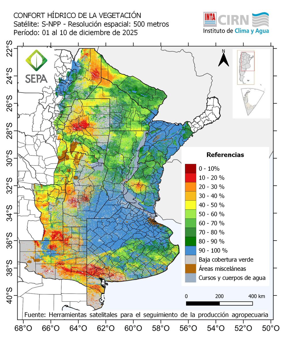 #SEPA <a href="/intaargentina/">INTA</a> 10dic
#DesCarga en R. Pampeana centro sur y oeste
#Recarga al norte
#Agua2m muy bien P. Ondulada e Interior. Al oeste FALTA!
#Confort muy bueno en amplia región! (coherente con lo q se observa)