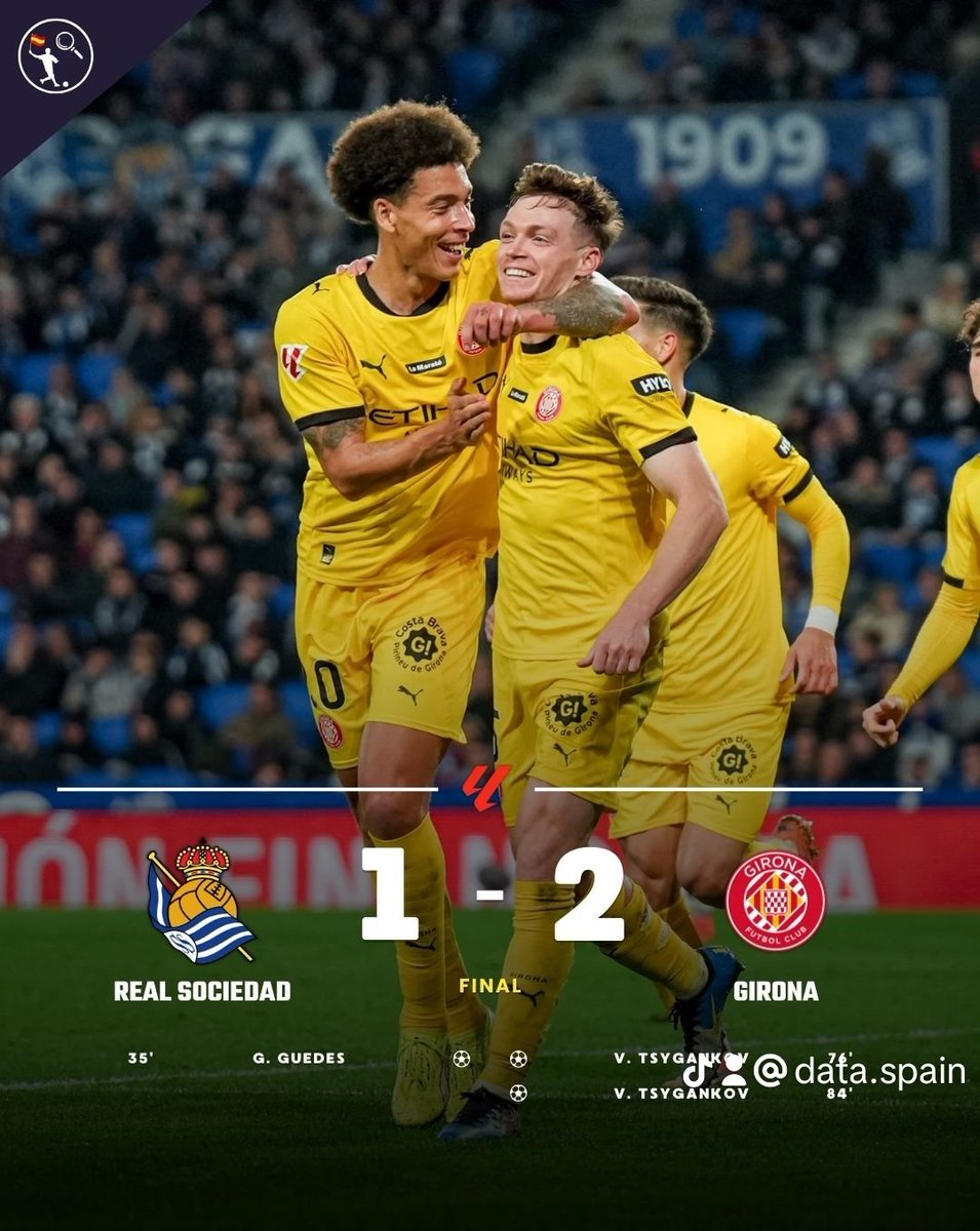 DataSpain_'s tweet image. 🇪🇺 @RealSociedad 1 - 2 @GironaFC
 
🏆 La Liga EA Sports

🔵
X1 G. Guedes

🔴
X2 V. Tsygankov

ℹ️ El Girona remonta el partido y sale del descenso 🔝💥
