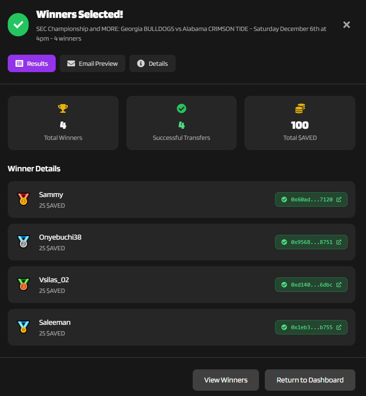 Testing Finished✔️
We are ready to tie it all together 🫡 A couple things - we will be increasing the #PrizePools for the #NCAA Football Playoffs💰We will also be adding a Holiday Promo that comes with Missions loaded with Raffles + Prizes😜🥳#HowDoTheyDoIt 

Let's Keep Going💪