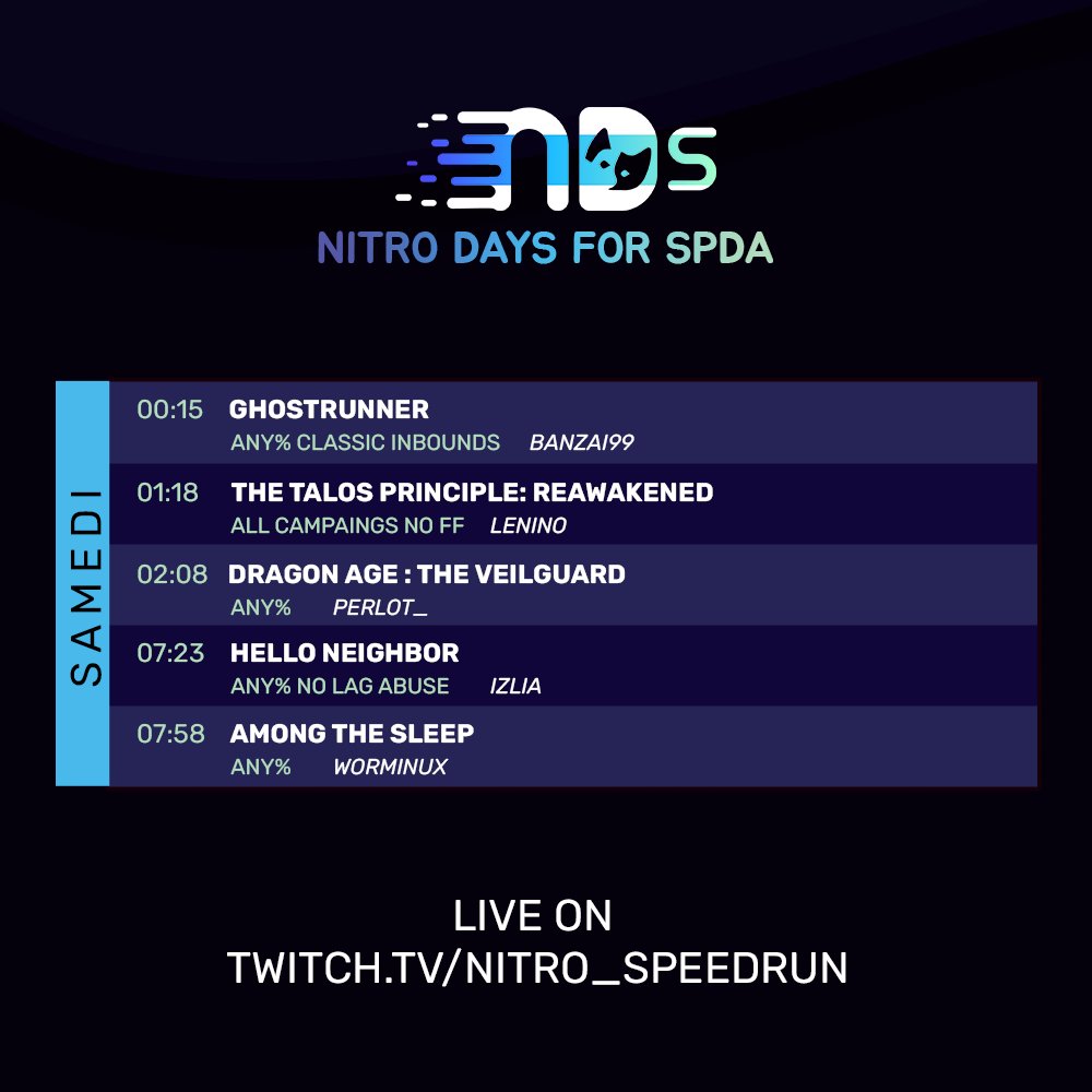 On entame le gros programme de la nuit qui vous suivra jusqu'au petit matin !

On vous a mit des runs dynamiques comme ça vous ne dormirez pas 😈
Hésitez pas à venir nous voir et à envoyer de la force aux runneurs.euses ! 

🔗 Notre chaine twitch dans la bio !
