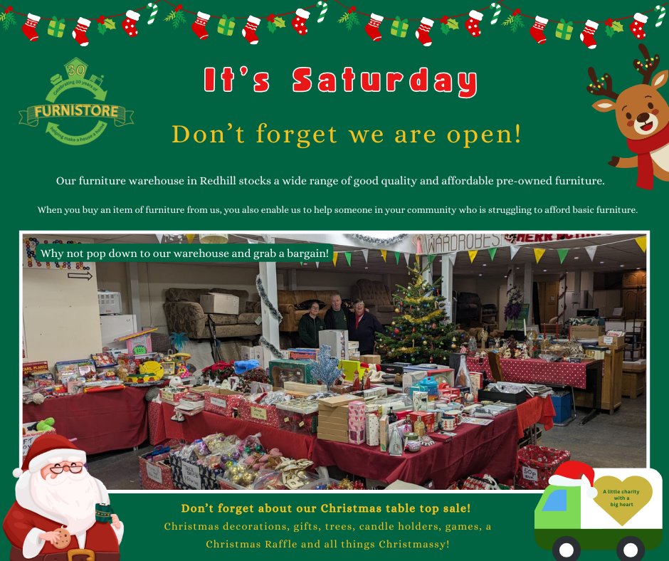 It's Saturday!🙂

Don't forget we are open from 10am to 4pm. 
Visit our Redhill furniture warehouse for affordable preloved furniture that supports the community.🛋️

Don't forget about the Christmas table top sale for decorations and gifts!🎄

Thank you for supporting #Furnistore