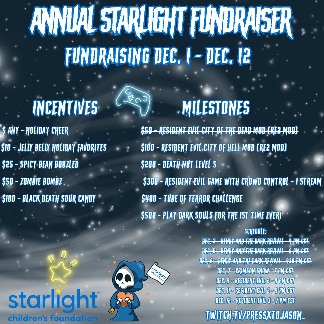 PressXToJason_'s tweet photo. 🎄💙 FINAL @StarlightUS stream tonight!
RE3 @CrowdControl Chaos — one final night for a great cause 💙🔥
Nemesis is loose, chat has control, and Jill’s rocking an ugly #Christmas sweater.

📺 LIVE at 7 PM CST
👉 https://t.co/bMPu0sxBmM
#12DaysOfStreaming #Charity #HorrorGames https://t.co/xEr5ZaAhNK