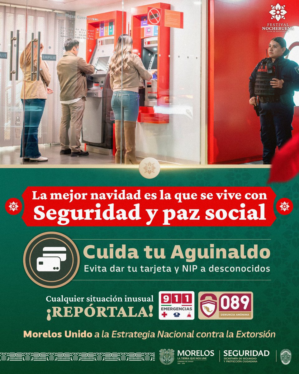 En esta Navidad ¡Cuida tu aguinaldo!

Al acudir al banco, hazlo en sucursales concurridas.
No compartas tus datos personales.

Reporta cualquier situación
inusual al 911 o 089

#LaTierraQueNosUne

#MorelosEstáMejor