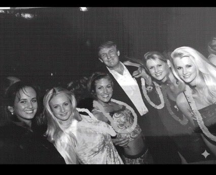 These are Hawaiian Tropic Models and this picture was taken at an event AT Mar-a-lago in 1998, by the way, but I'm pretty sure you knew that when you blacked out their faces to make it look nefarious.
I'd probably lawyer up if I were you.