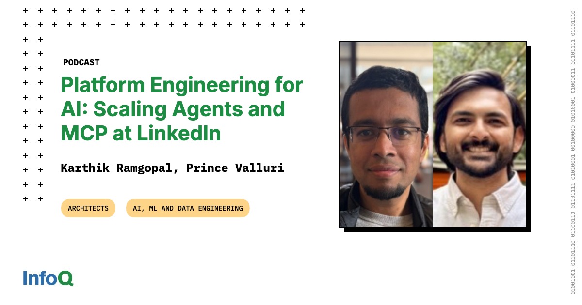 InfoQ's tweet image. Check out the latest #InfoQ #podcast featuring LinkedIn’s Karthik Ramgopal &amp;amp; Prince Valluri as they discuss scaling #AIagents in the enterprise, MCP, secure orchestration, and improving dev experience.

🎧 Listen now: bit.ly/4p98XG1

#PlatformEngineering #AI #GenAI #LLMs