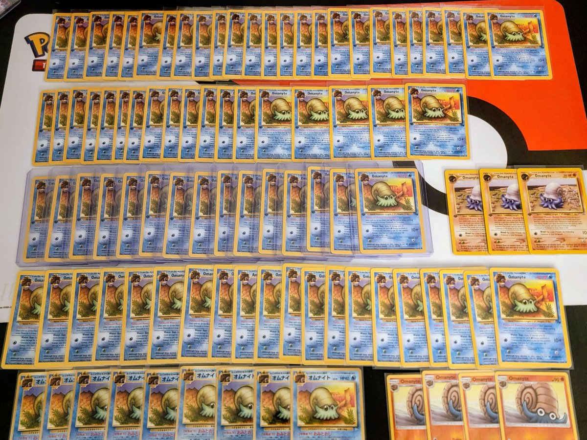 OmanyteLord's tweet photo. Updated #Omanyte collection:

1st Edition Fossil: 58
Unlimited Fossil: 20
Japanese Fossil: 9
1st Edition Neo : 3
Others: 5

Total: 95

I will soon have the most Omanytes guaranteed! (1st edition Fossil included) I'm just getting started, many more on the way including some very rare variants!  #fossilwars #praisehelix