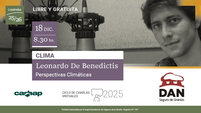 Lo esperamos en la última charla del año de Leo. Disertará como habitualmente sobre perspectivas climáticas. Es abierta y gratuita.
Inscríbase desde bit.ly/450IyTd
Más información en los teléfonos 2983 340 620 ó 0800 362 6326
<a href="/leodebenedictis/">Leo De Benedictis</a>
@carbapargentina