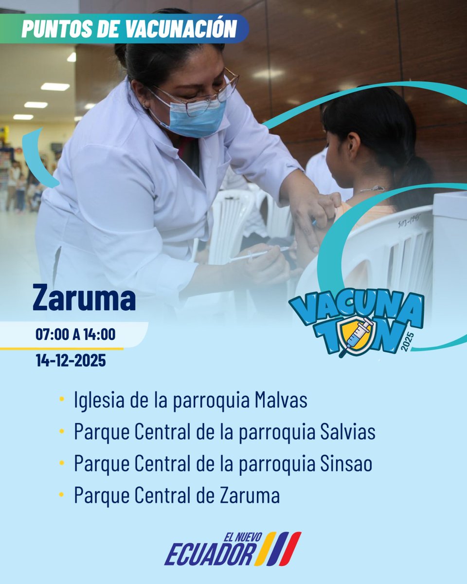 Salud_Loja's tweet photo. 🛡️ Este domingo 14 se realiza el #Vacunatón contra la influenza, destinada exclusivamente para grupos prioritarios en #Zaruma, #Portovelo y #Atahualpa

Si perteneces a estos grupos, la vacuna es fundamental para evitar complicaciones por enfermedades respiratorias. https://t.co/WF4gbx2FKV