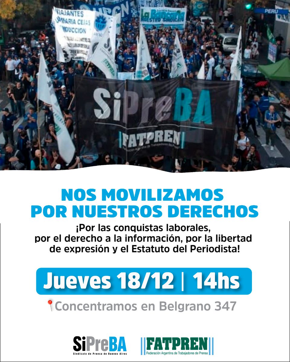 📣 MOVILIZAMOS POR LOS DERECHOS LABORALES Y EL ESTATUTO DEL PERIODISTA

🗯¡No a la reforma laboral!

Fortalecemos la lucha en la calle en defensa de nuestras conquistas y por la mejora de las condiciones de trabajo.

📍Jueves 18/12: concentramos a las 14 en Belgrano 347 (CABA) ⬇️