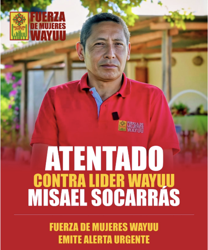 🚩🚩Hoy atentaron  contra la vida de Misael Socarrás Ipuana, defensor indígena wayuú y una  de las voces más firmes en la defensa del territorio en La Guajira.
No es un hecho aislado. Es una señal gravísima del riesgo  extremo que enfrentan quienes protegen el ambiente en 🇨🇴.