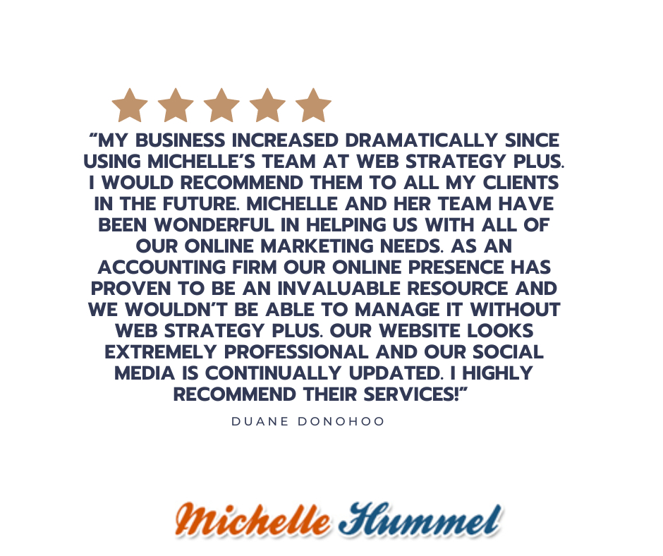 Michelle_Hummel's tweet image. Discover the impact Michelle Hummel and Web Strategy Plus have made! 💼🌐 Visit our website to hear the stories of those who've experienced success firsthand.  📣✨ bit.ly/3G3mSGW #Testimonials #ClientSuccess
